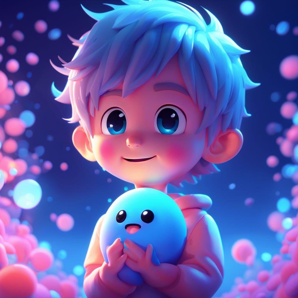 Boy with Blue Slime in Dreamy 3D Digital Art