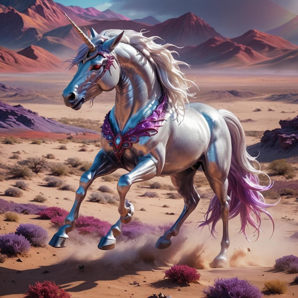 Silver Unicorn Runs Through Alien Desert in 3D