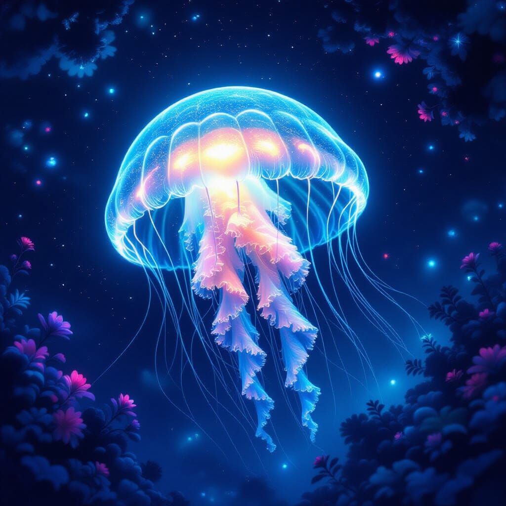 Ethereal Bioluminescent Jellyfish in Alien Ocean Depths