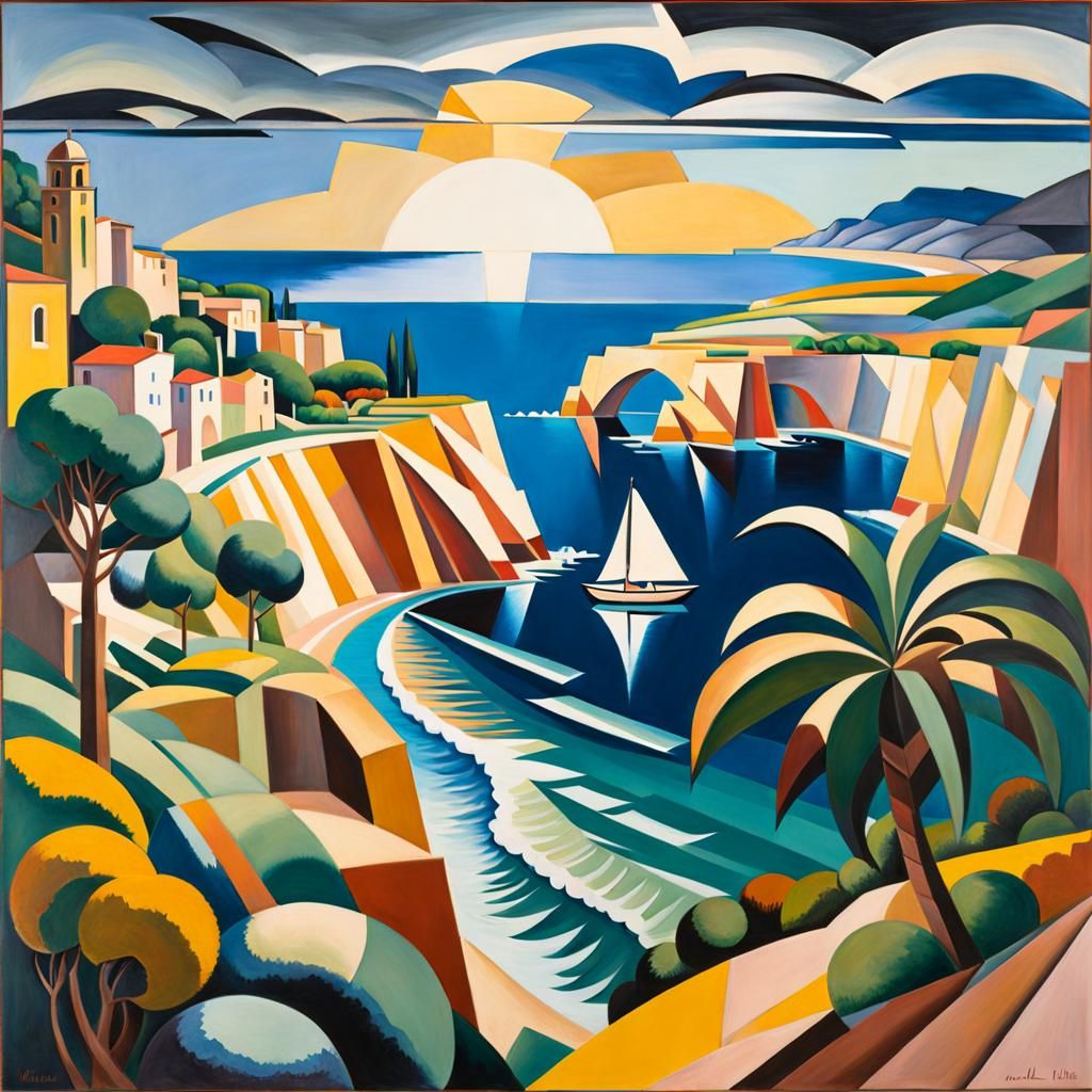 Cubist Mediterranean Coastline with Sailboat and Cliffs