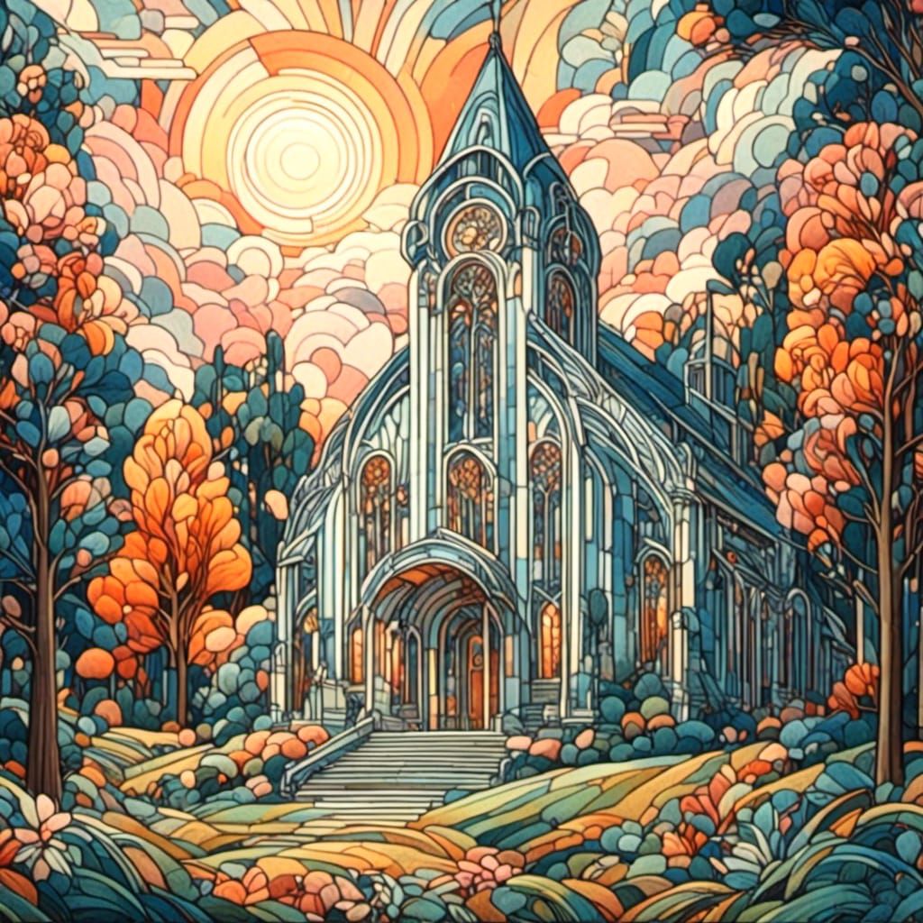 Art Deco Nouveau Country Church at Sunrise
