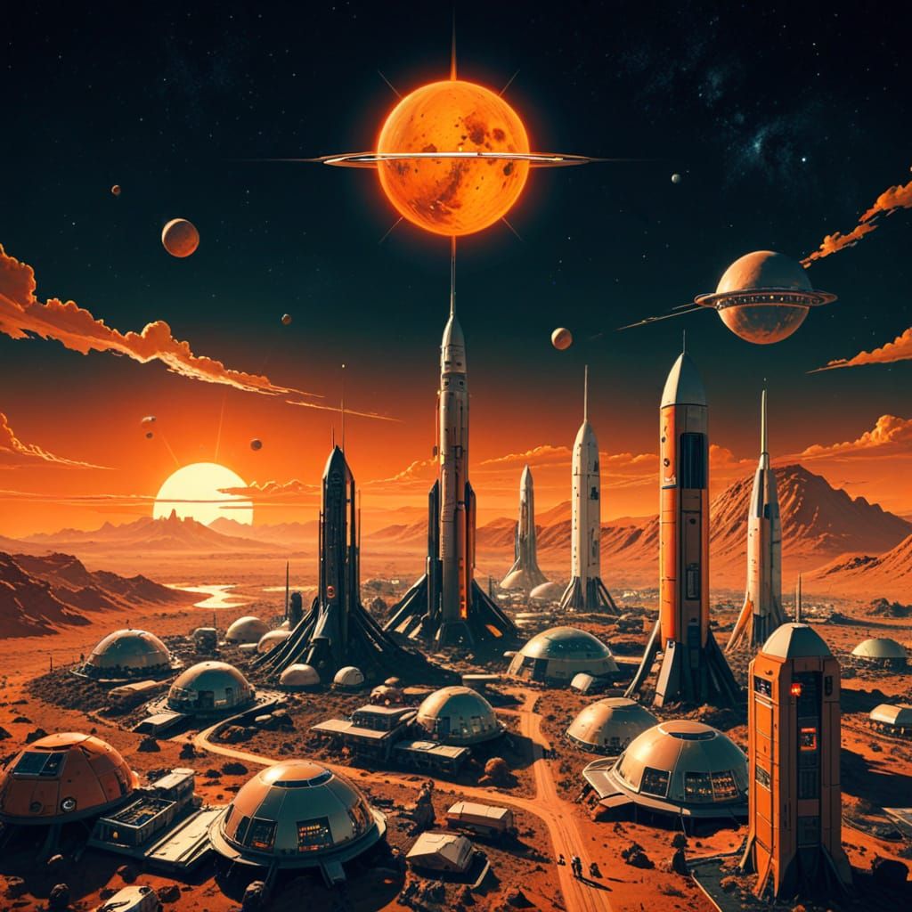Retro Futurism Mars Colony in Solar Vintage Style