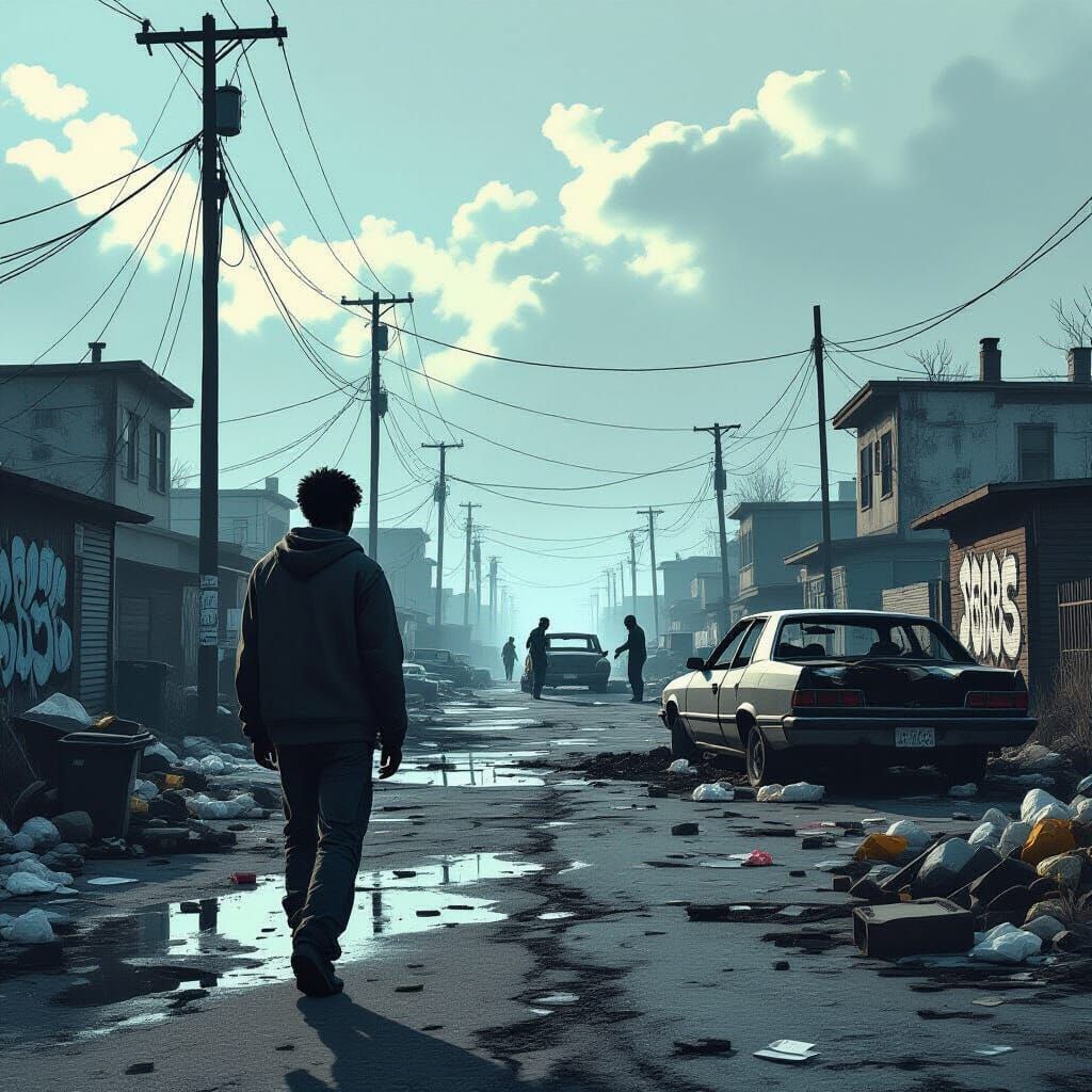 Urban Decay: Lone Figure in Desolate Cityscape