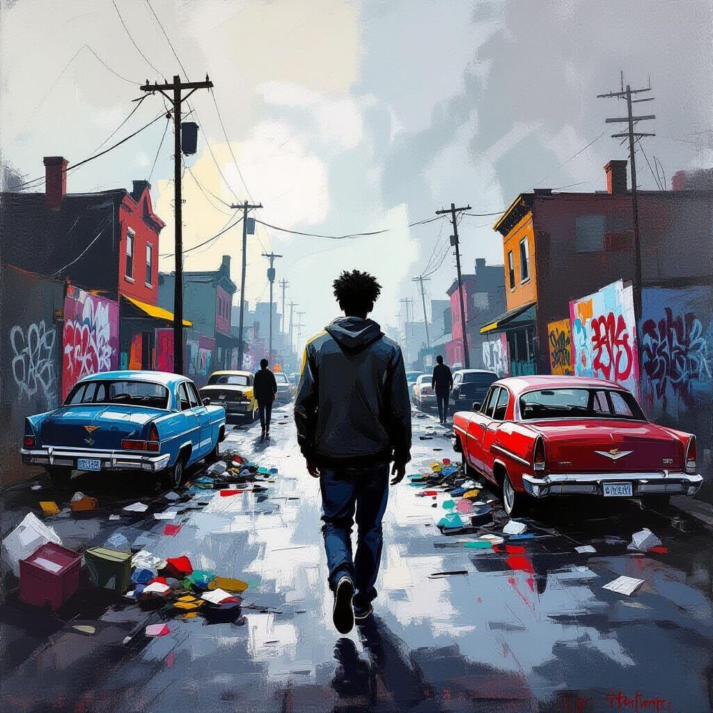 Abstract Urban Decay: Lone Figure in Gritty Cityscape