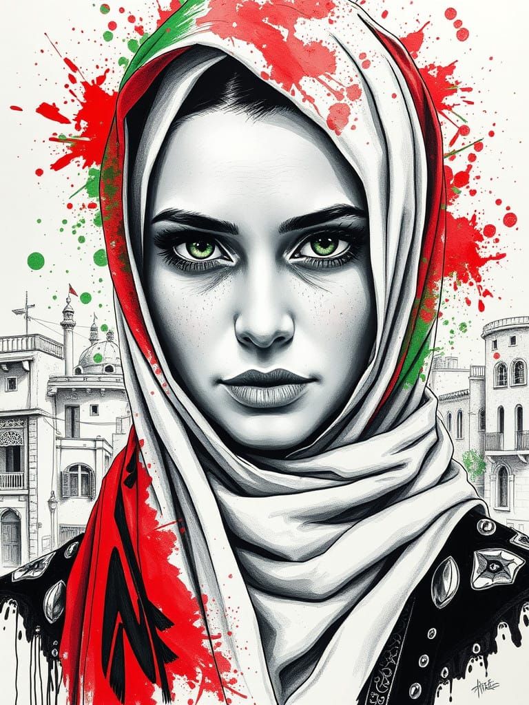 Palestinian Woman in Black and White Ink Drawing Style