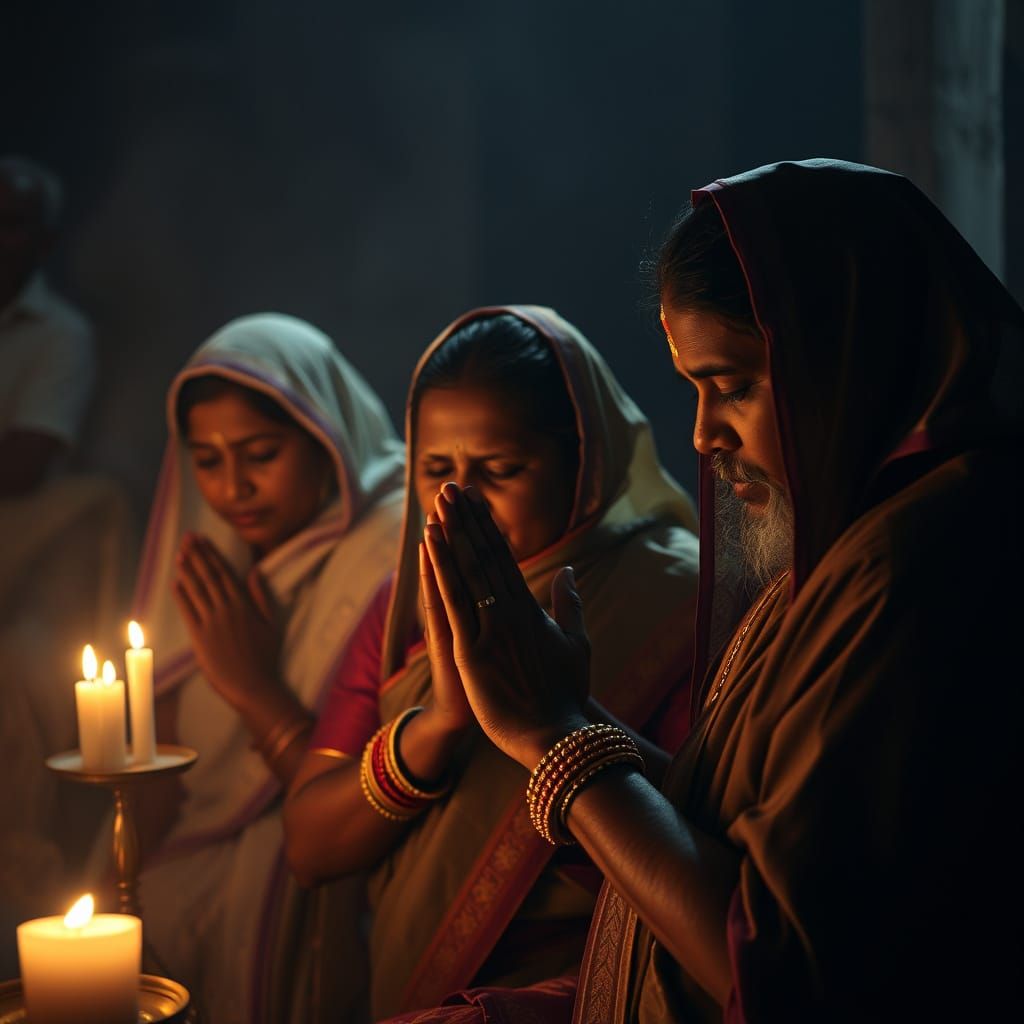 A Family's Devout Moment in a Vibrant Indian Setting