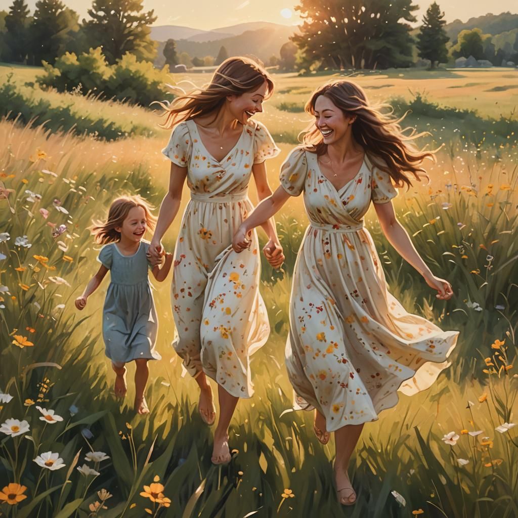 Joyful Family Run in Sunlit Field, Dreamy Concept Art
