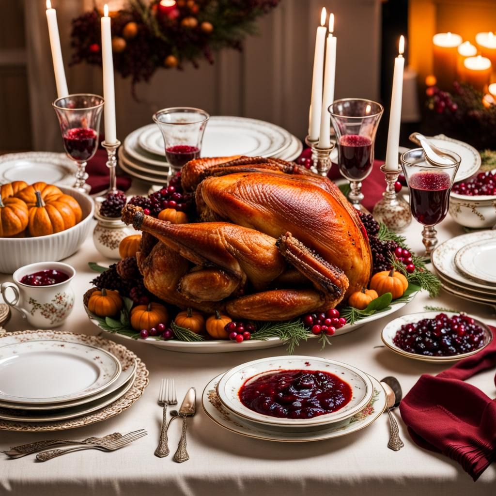 Thanksgiving Table with Crispy Turkey and Cranberry Sauce