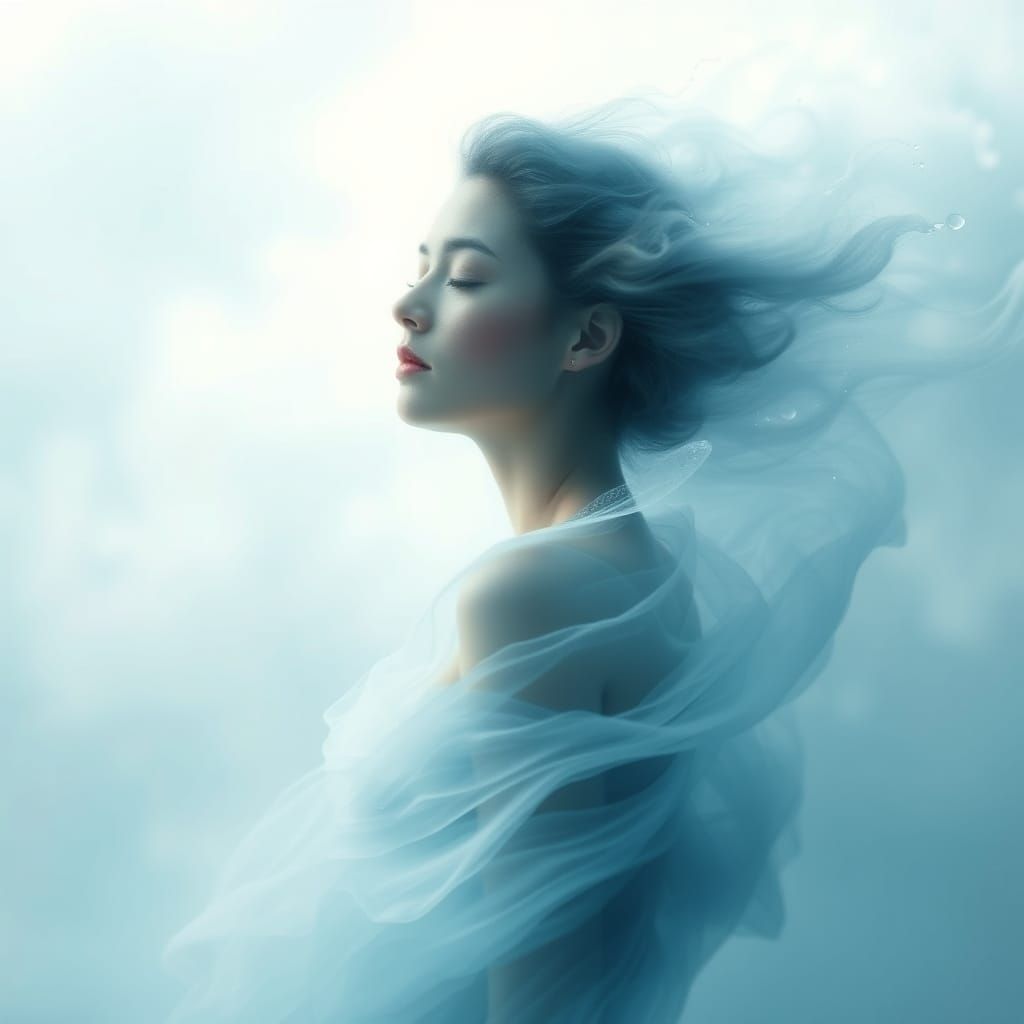 Ethereal Water Vapor Woman in Surreal Future Landscape