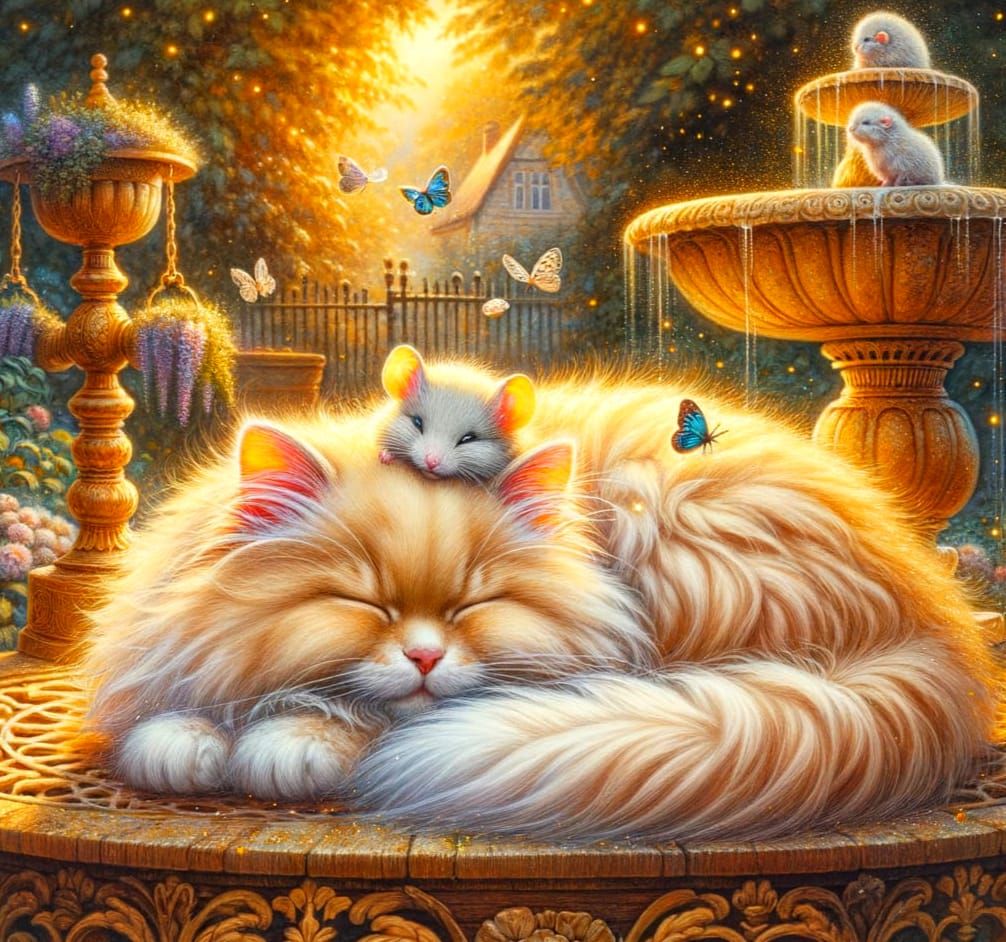 Victorian Watercolour Scene of Cat and Mouse