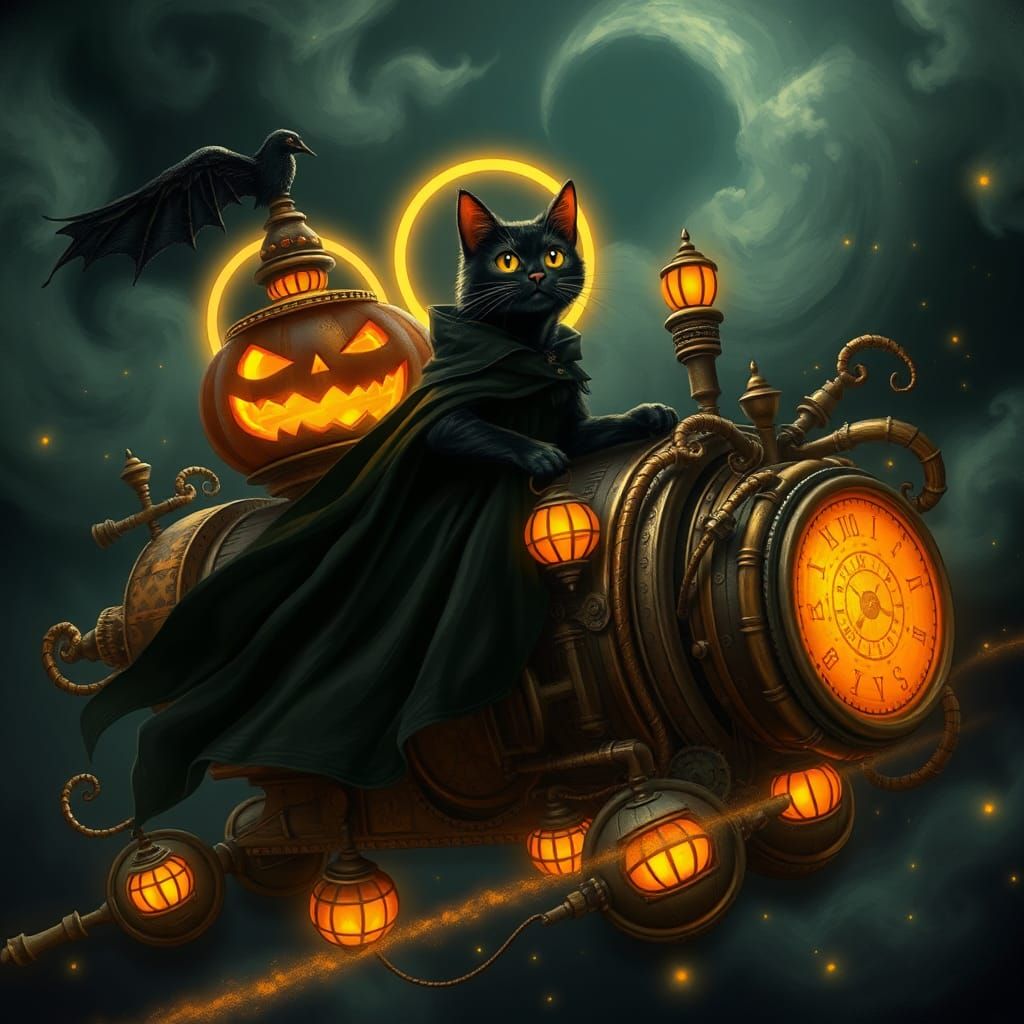 Time traveling black cat journeying on Halloween Night In a mechanical Jack O Lantern Time Machine