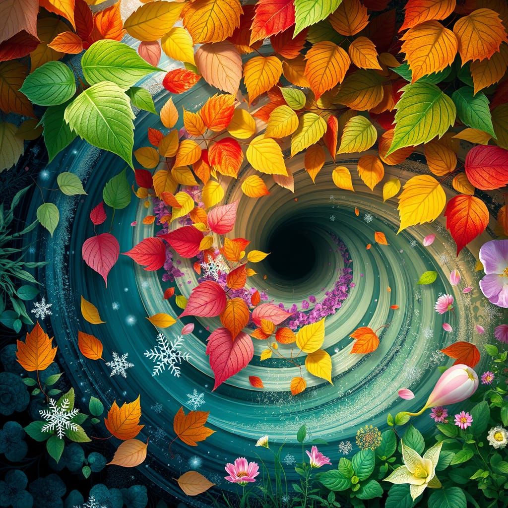 Ethereal Harmony of Seasons in Vibrant Swirling Vortex