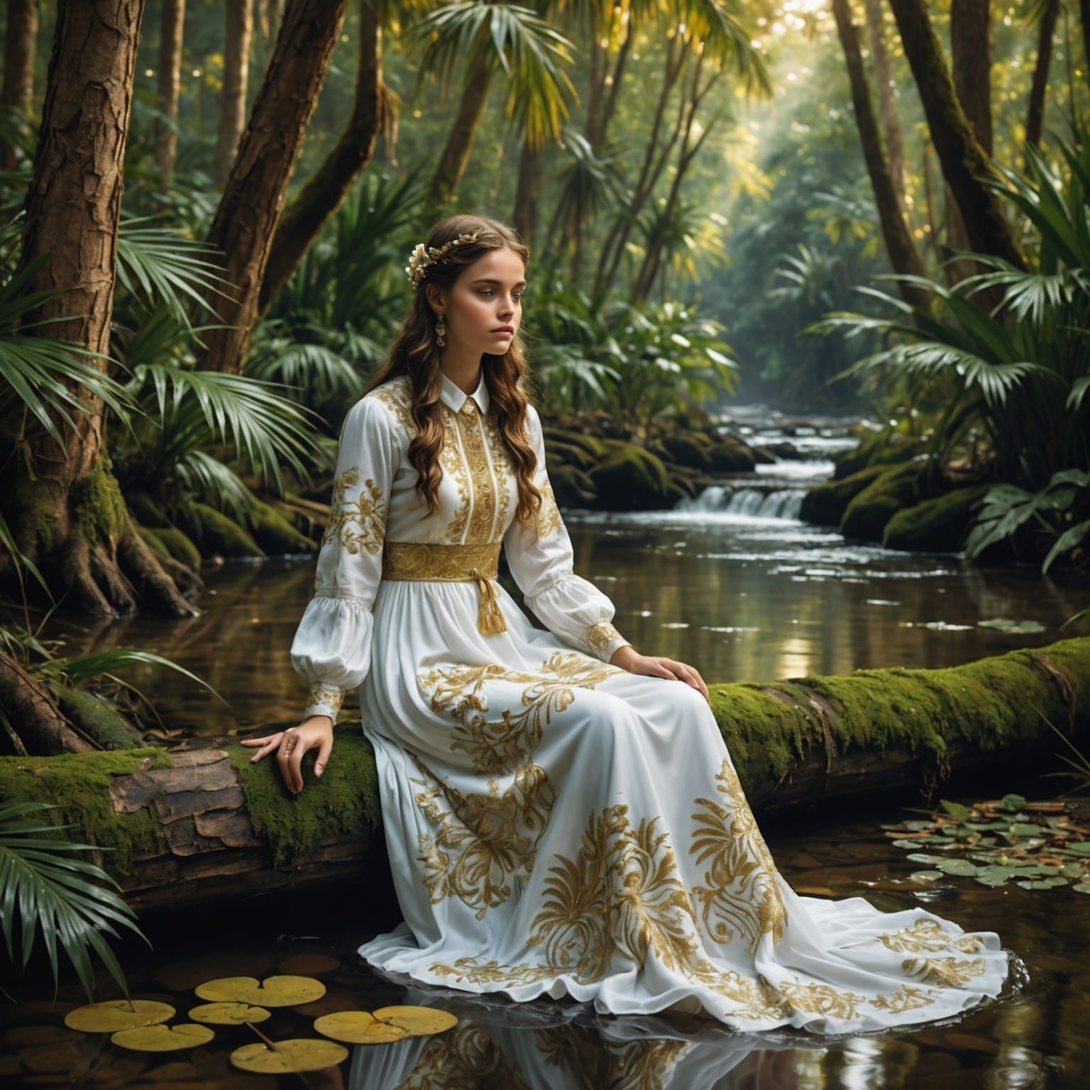 Mystical Girl Scooping Water in Forest Stream