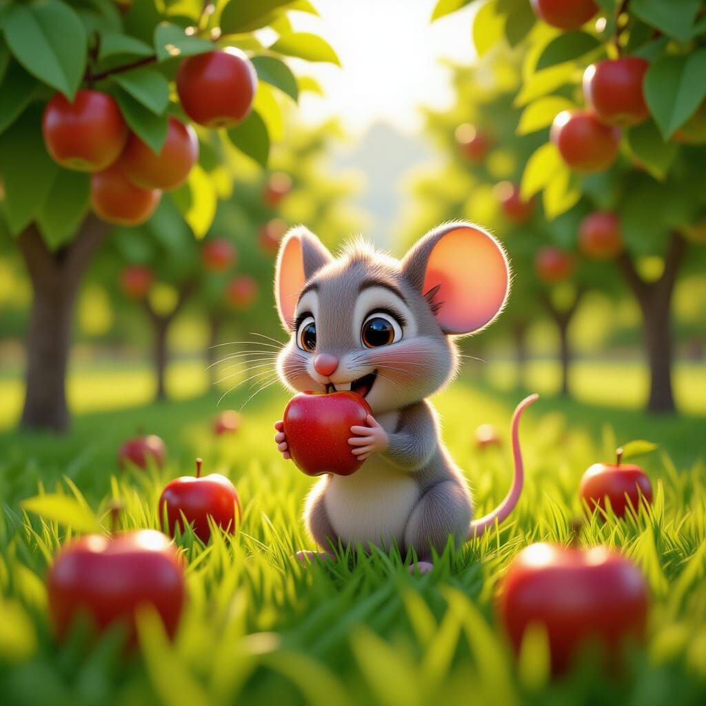 Mouse in Apple Orchard: Pixar-Inspired 3D Digital Art