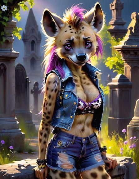 Furry Hyena in Gothic Graveyard, Gouache Style