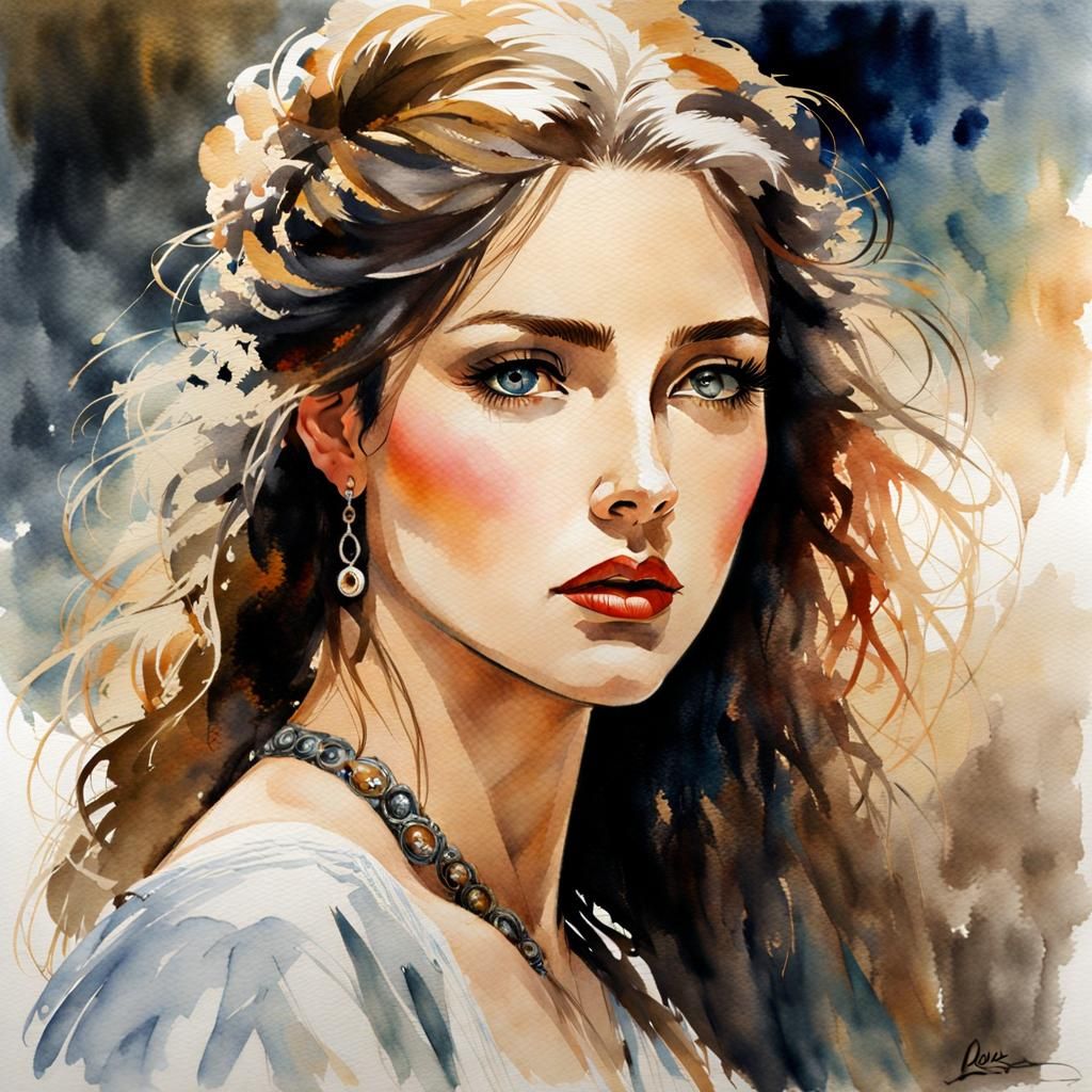 Watercolor Portrait of a Young Woman in Baroque Style