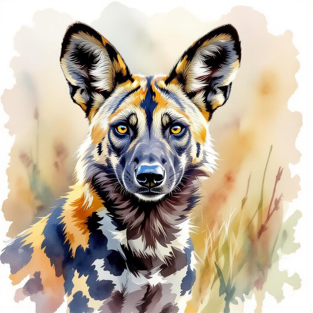 African Wild Dog Watercolor Painting