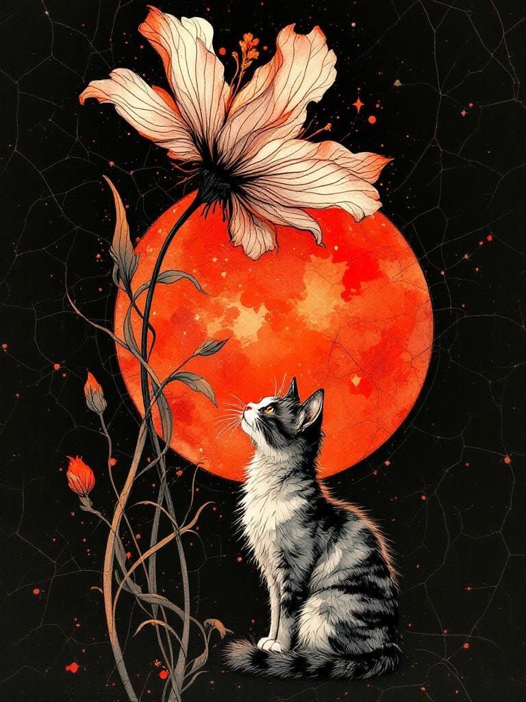 Cat and Flower in Art Nouveau Ink Wash Style