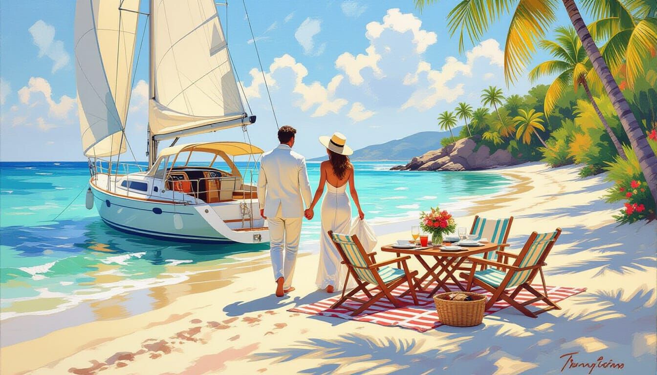 Elegant Couple's Beachside Lobster Dinner, Impressionist Sty...