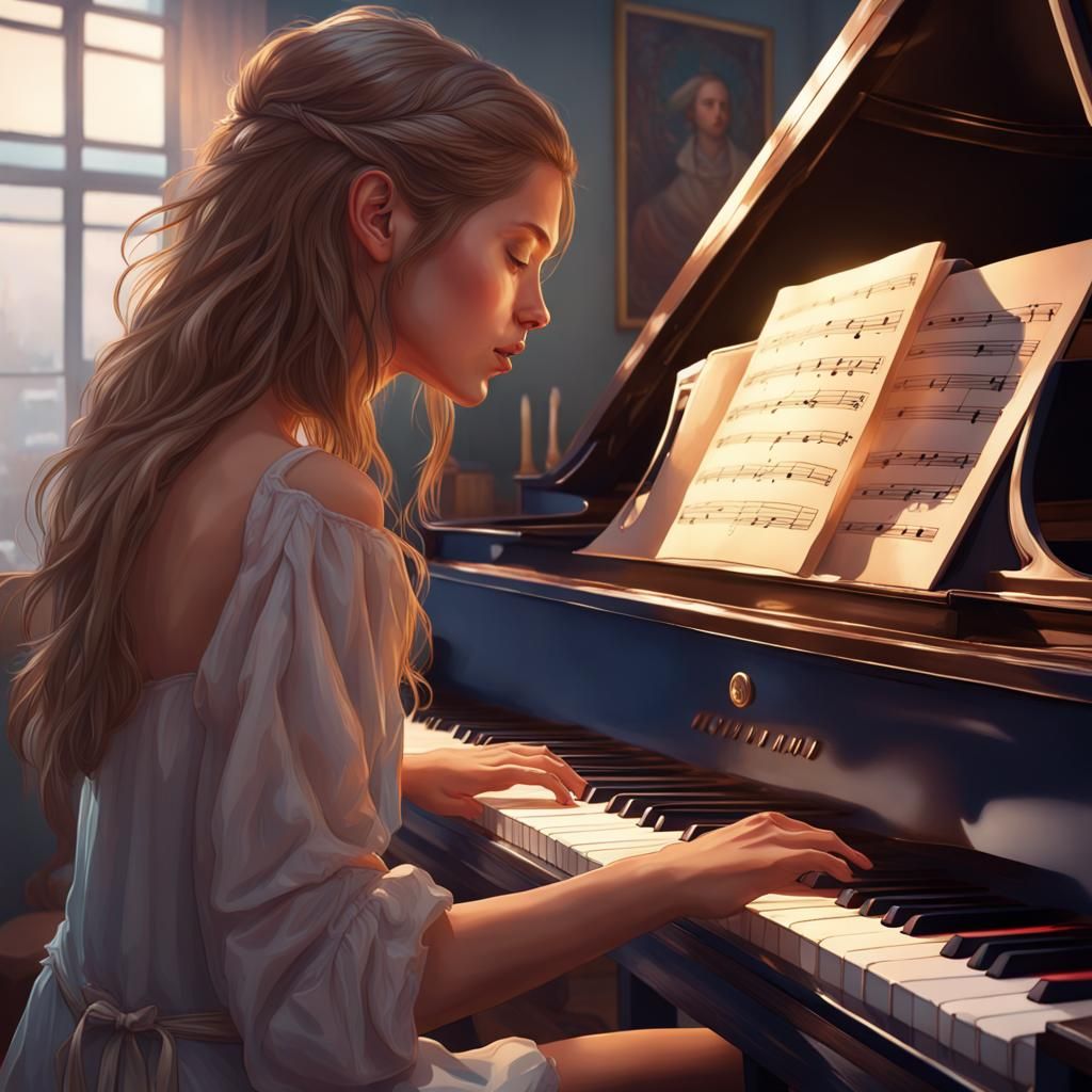 Passionate Teenage Girl Piano Portrait in Art Nouveau Style