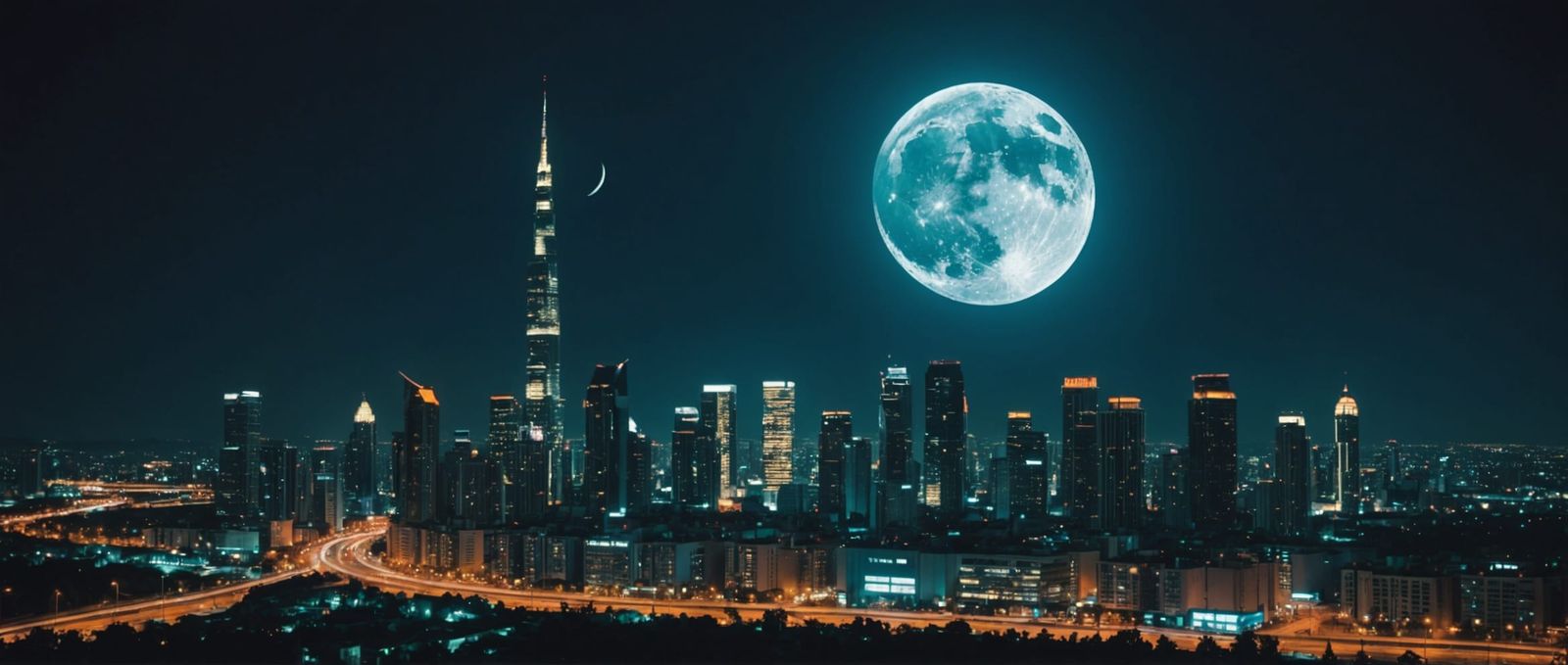 Futuristic City Under Glowing Moon in Cinematic Style