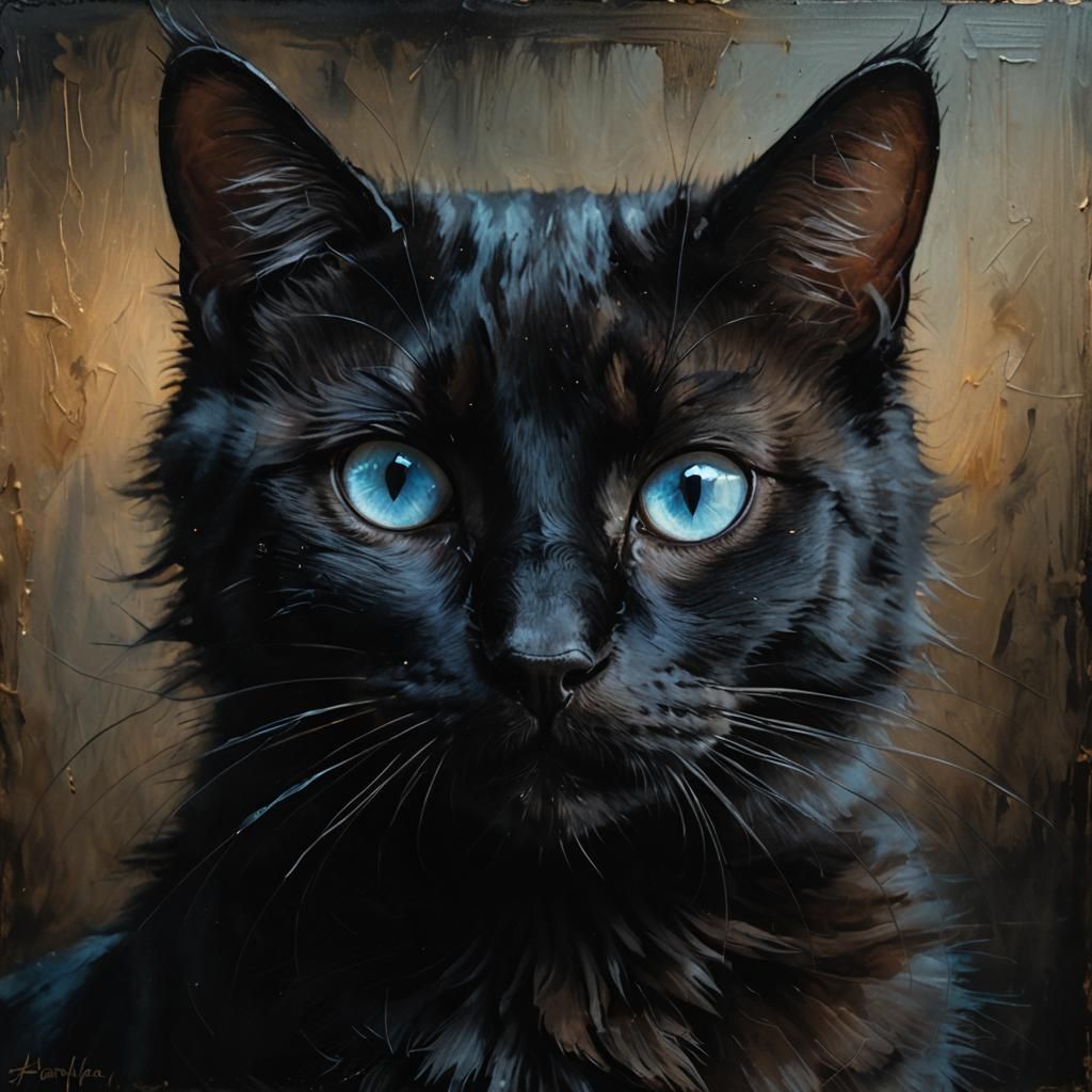 Black Cat with Blue Eyes: Oil Painting