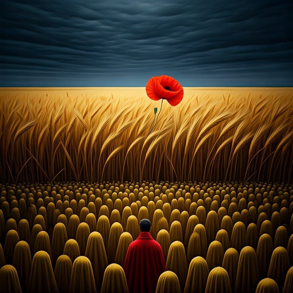 Surreal Poppy Field and Crowd in Ombre Sky