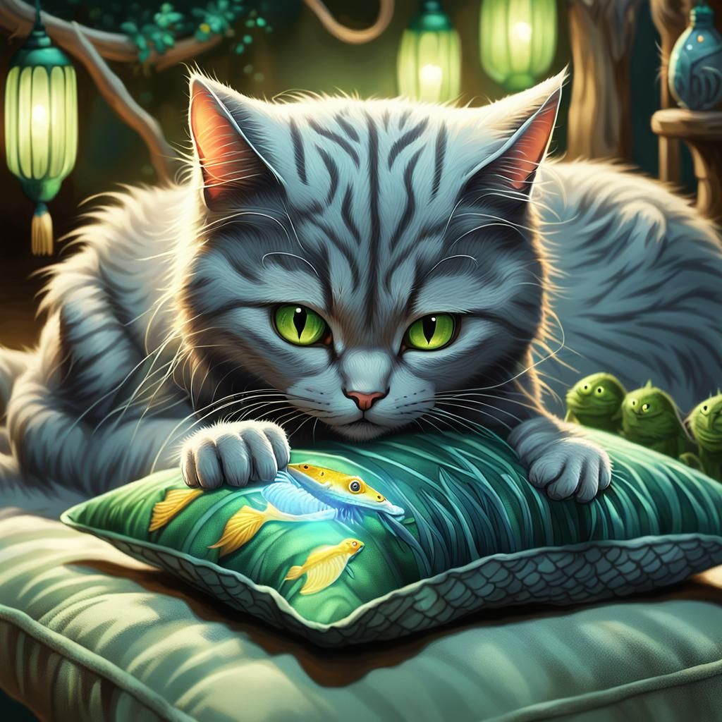 Grey Cat Surrounded by Whimsical Green Elves