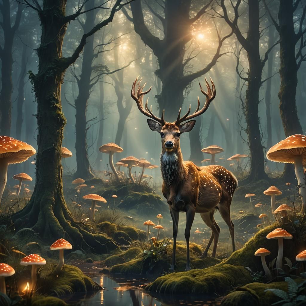 Mystical Fairy and Roe Deer in Luminous Forest