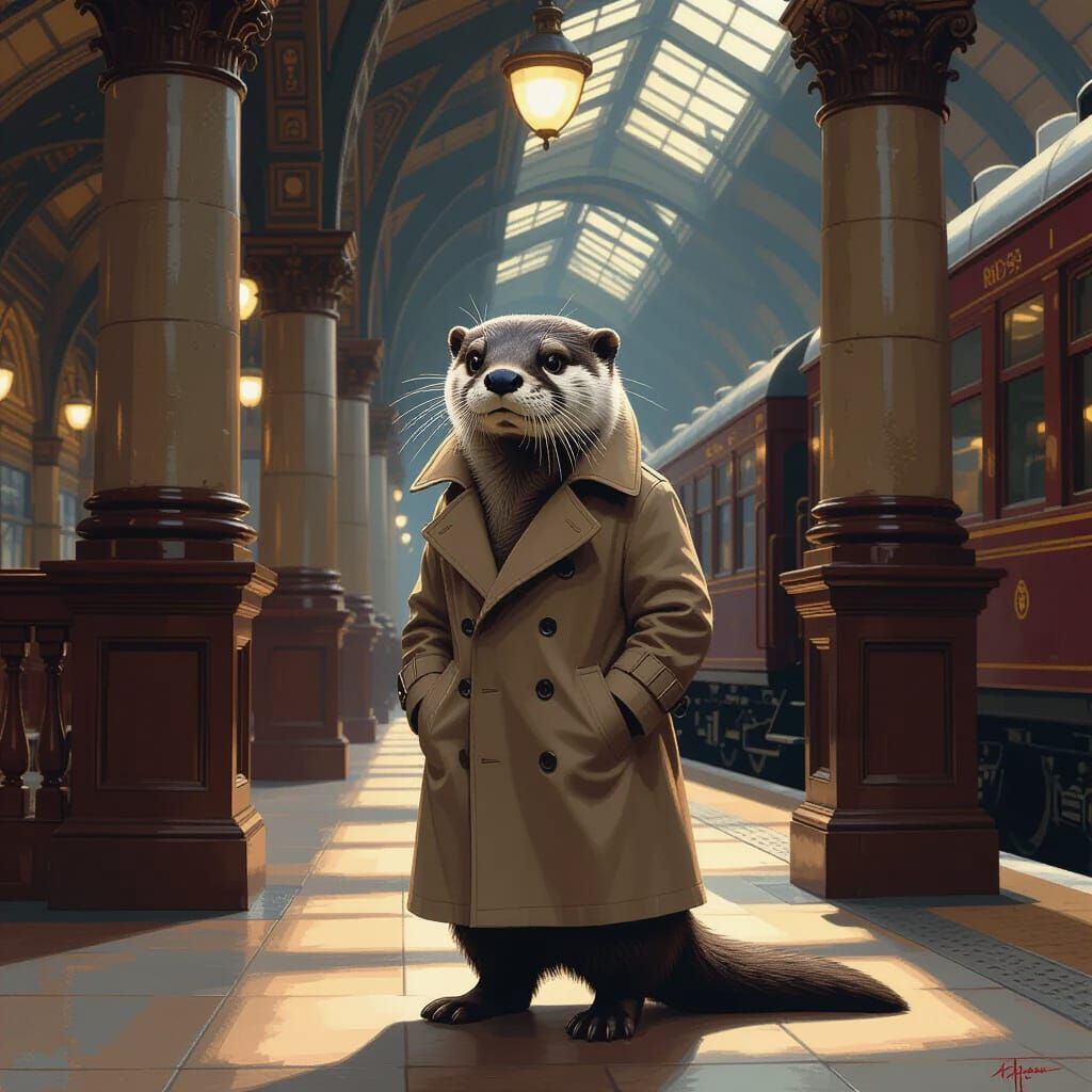 Otter Detective Awaiting Train, Victorian Era, Impasto Style