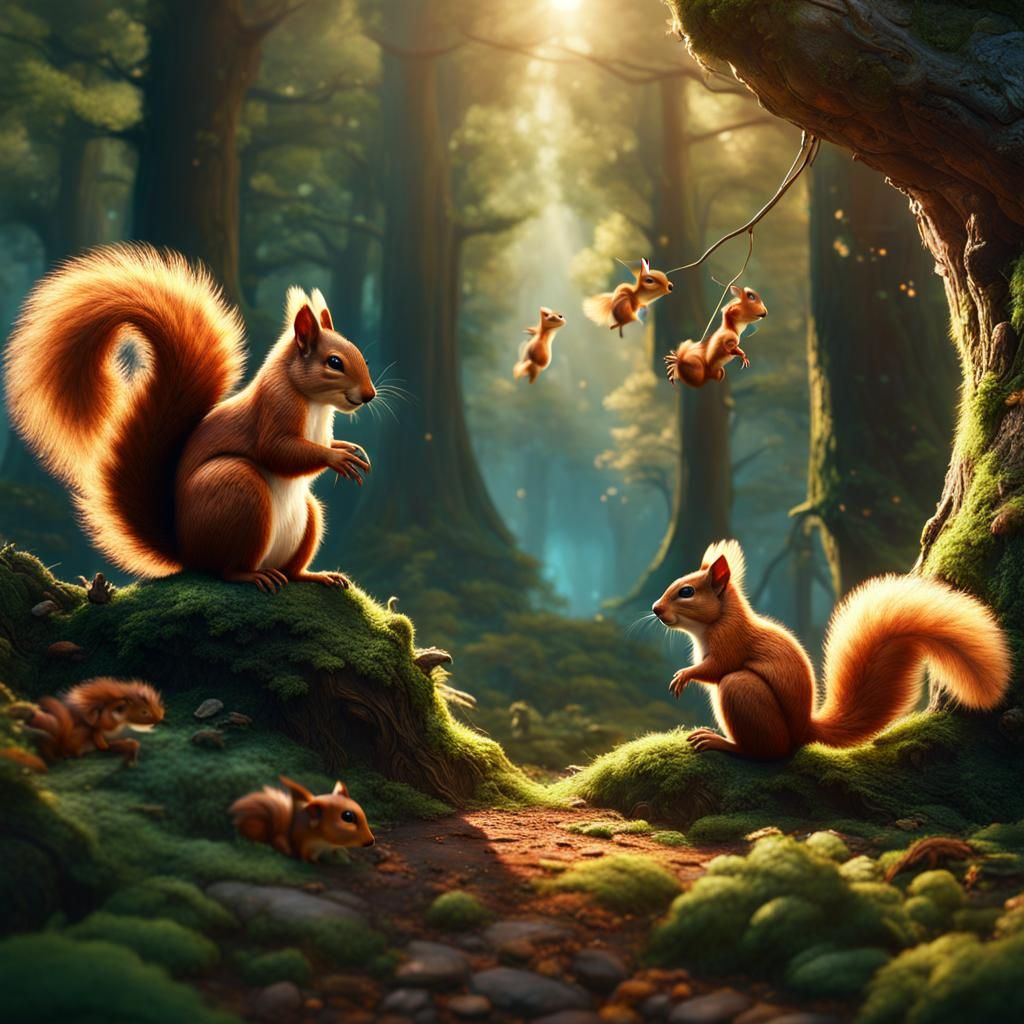 Squirrel Family in Forest: Detailed Matte Painting