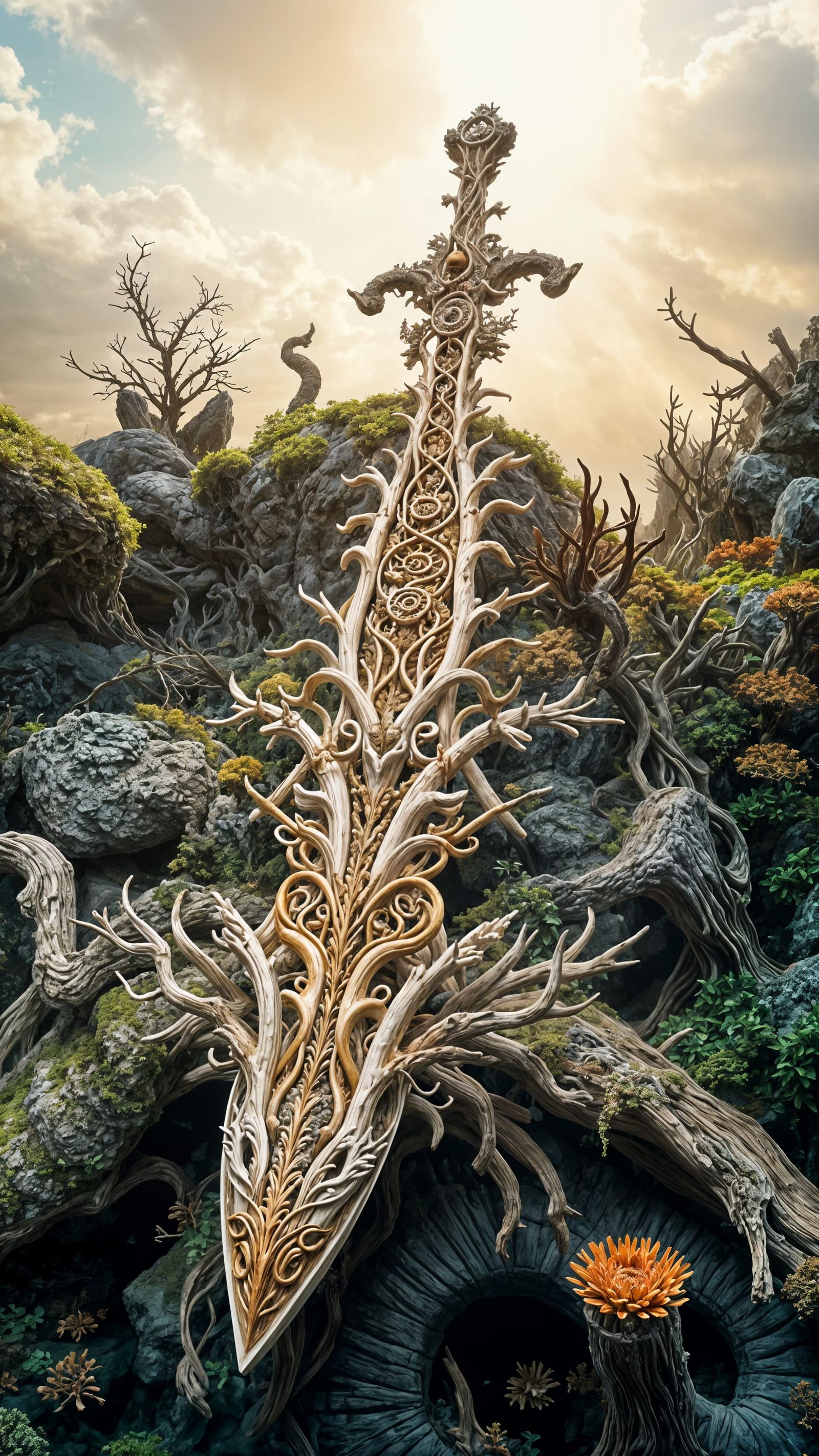 Surreal Nature Fantasy Sword in a Majestic Coral Reef Enviro...