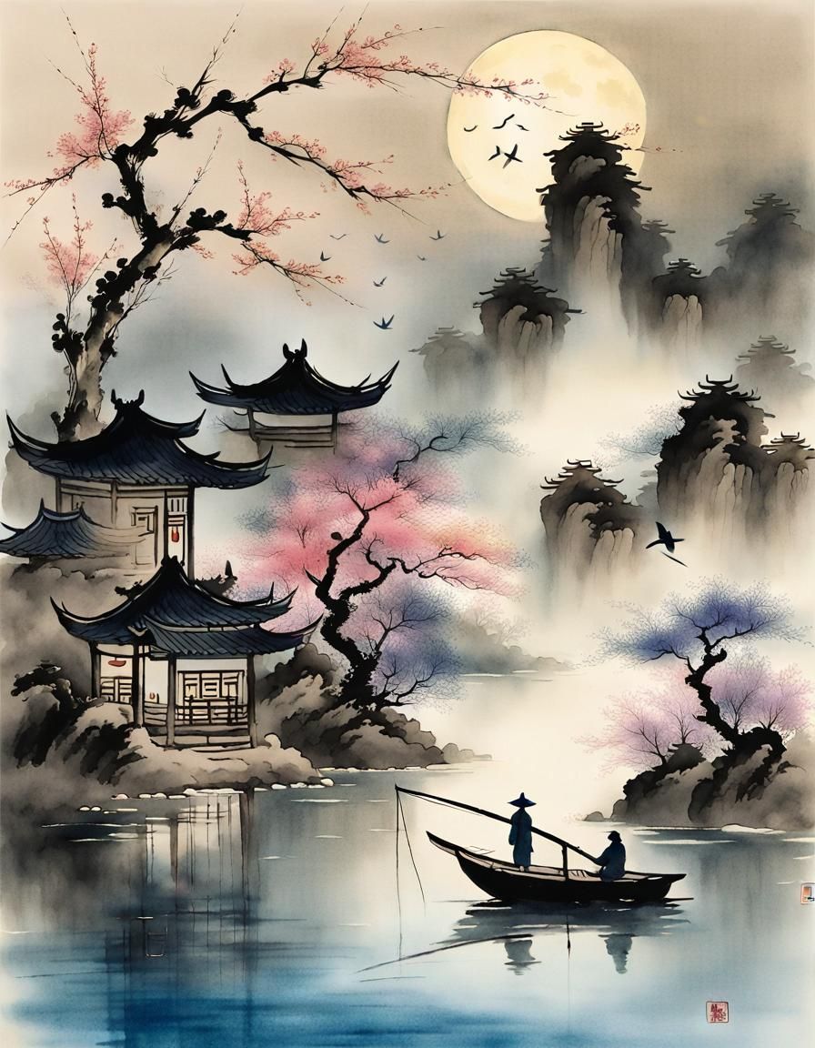 Moonlit Fishermen in Chinese Ink Painting