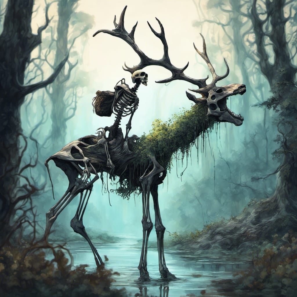 Skeletal Rider on Elk in Jungle Painting
