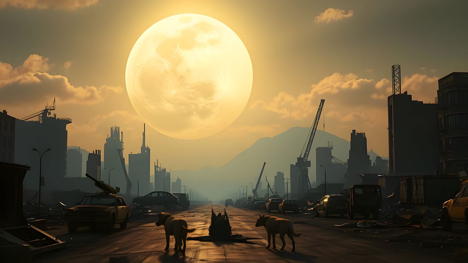 Ethereal Post-Apocalyptic Cityscape Under a Rising Colossal ...