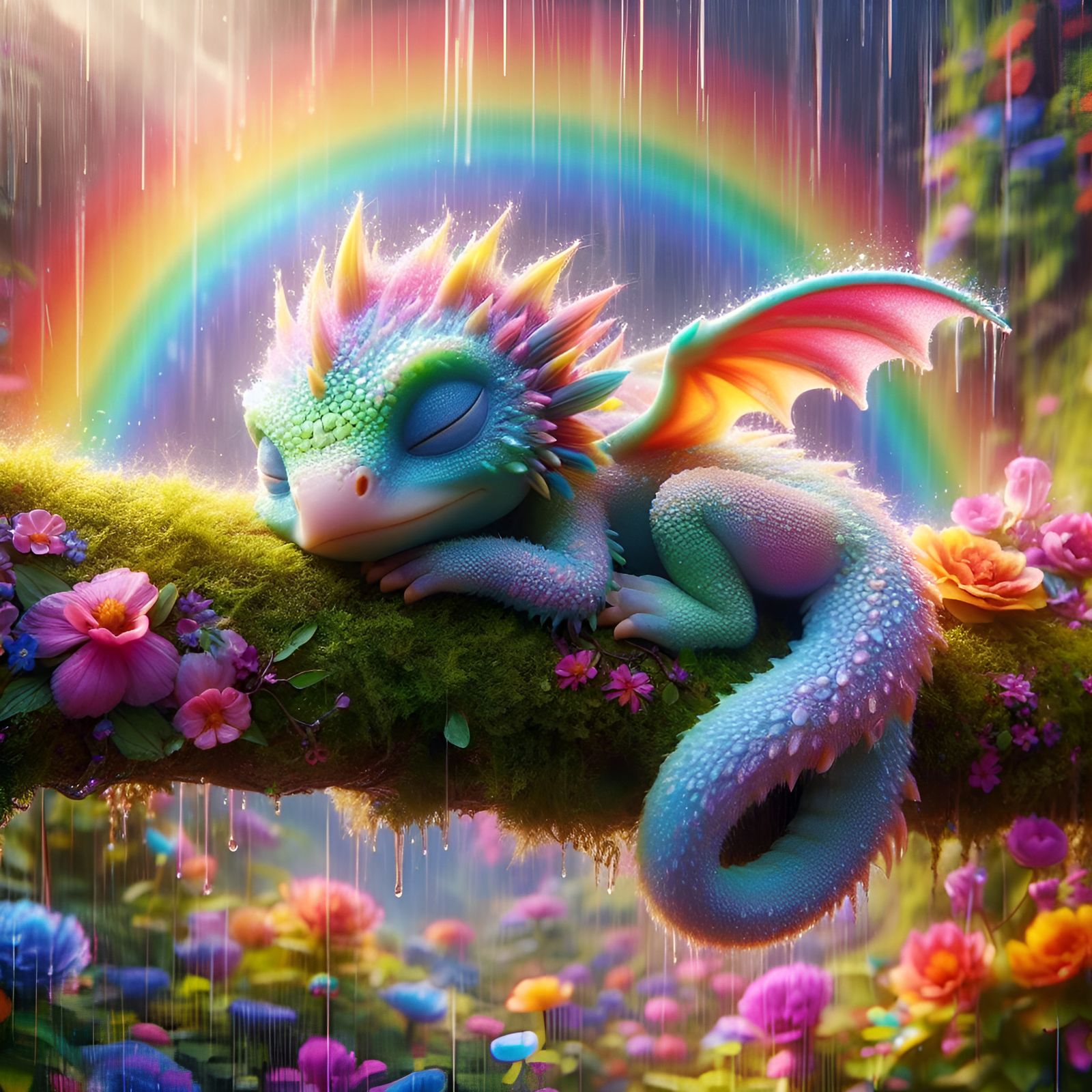 Colorful Tiny Dragon Sleeping in the Rain