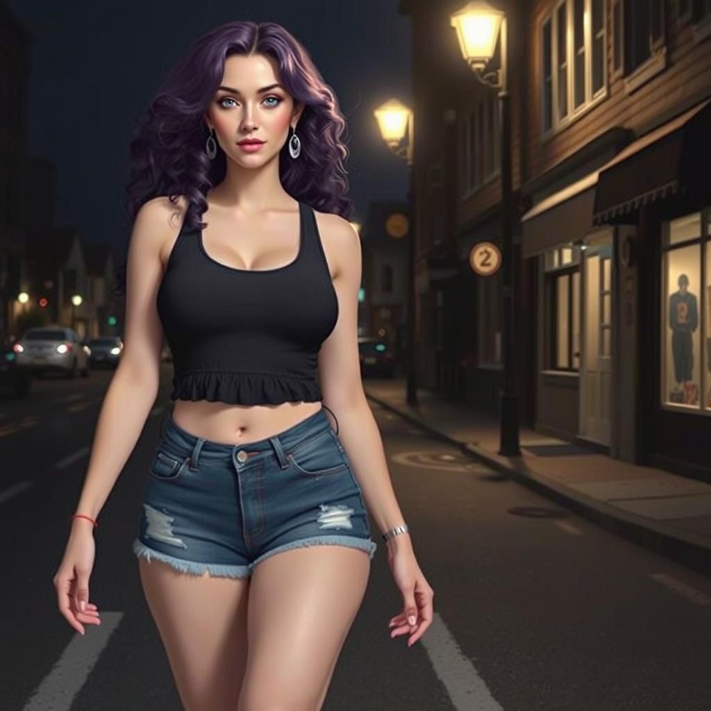 Beautiful Woman Walks Empty Street at Night: Photorealistic