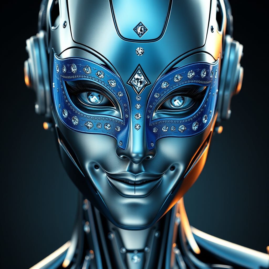 Smiling Silver Robot in Blue Venetian Mask