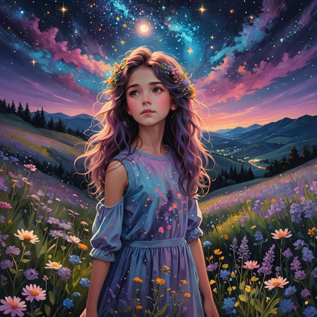 Magical Realism: Girl Under Starry Night Sky