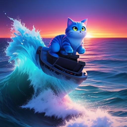 Blue Fluffy Cat Rides Sunset Wave: 3D Digital Art