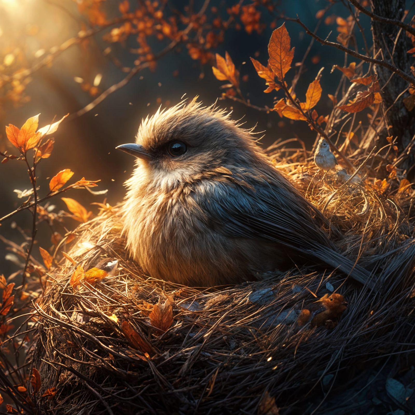Adorable Bird with Big Eyes in Vibrant Nest