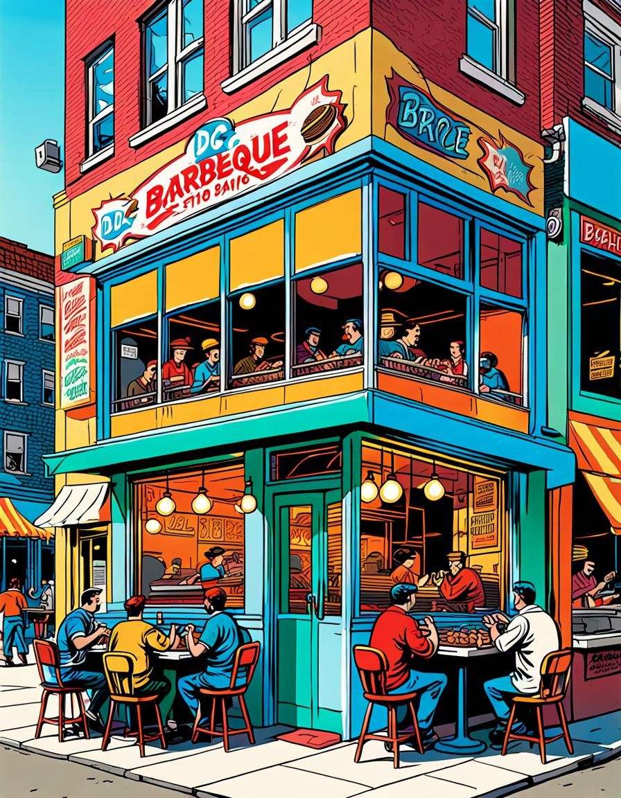 Barbecue Restaurant in Retro Comic Style