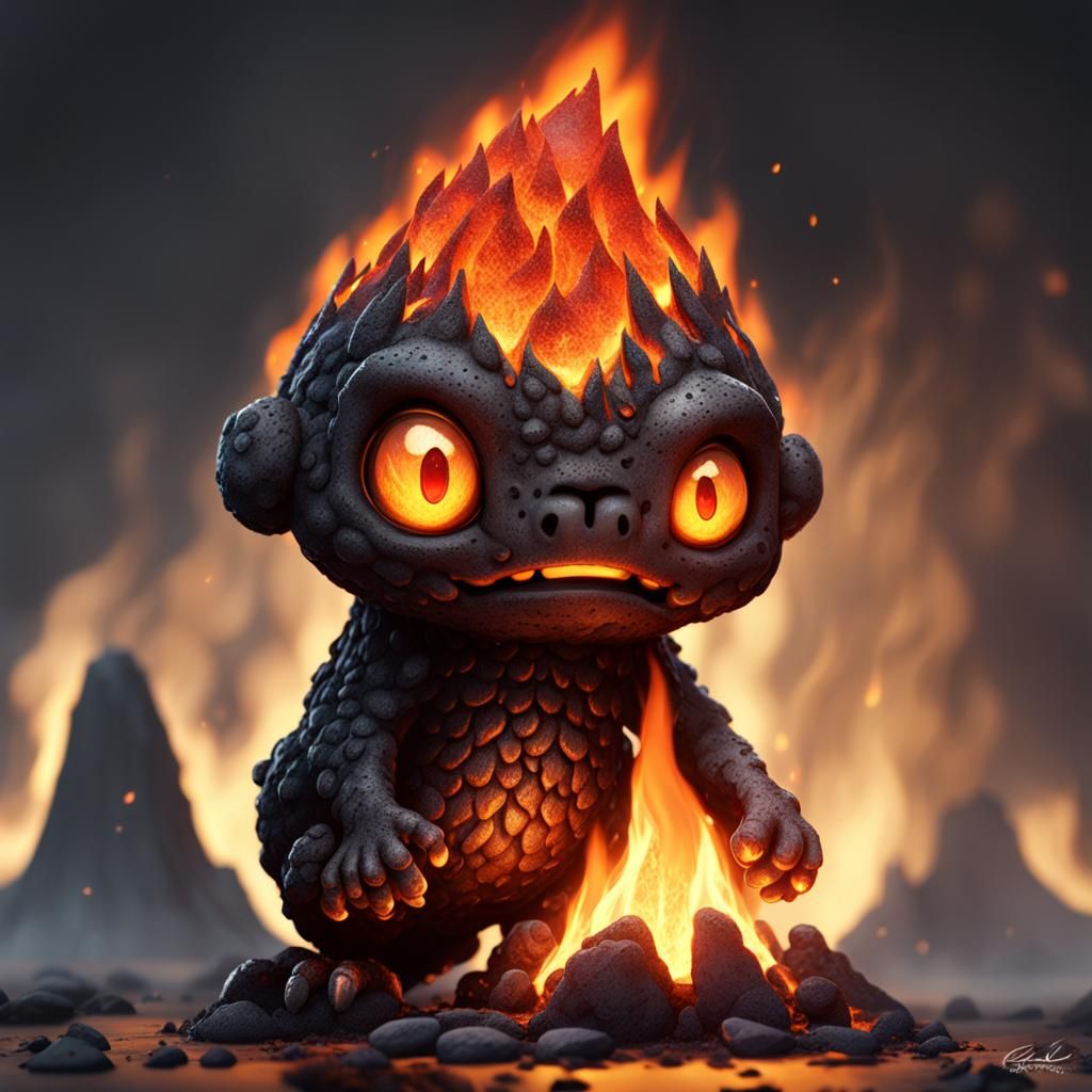 Shy Volcanic Lava Creature in Whimsical Style