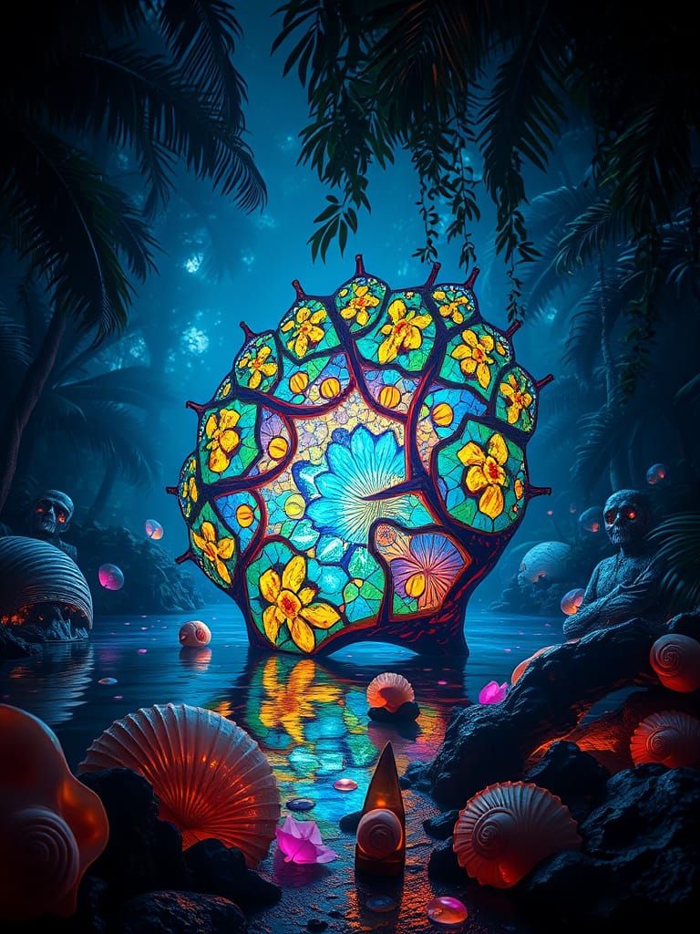 Bioluminescent Stained Glass Sculpture in Rainforest