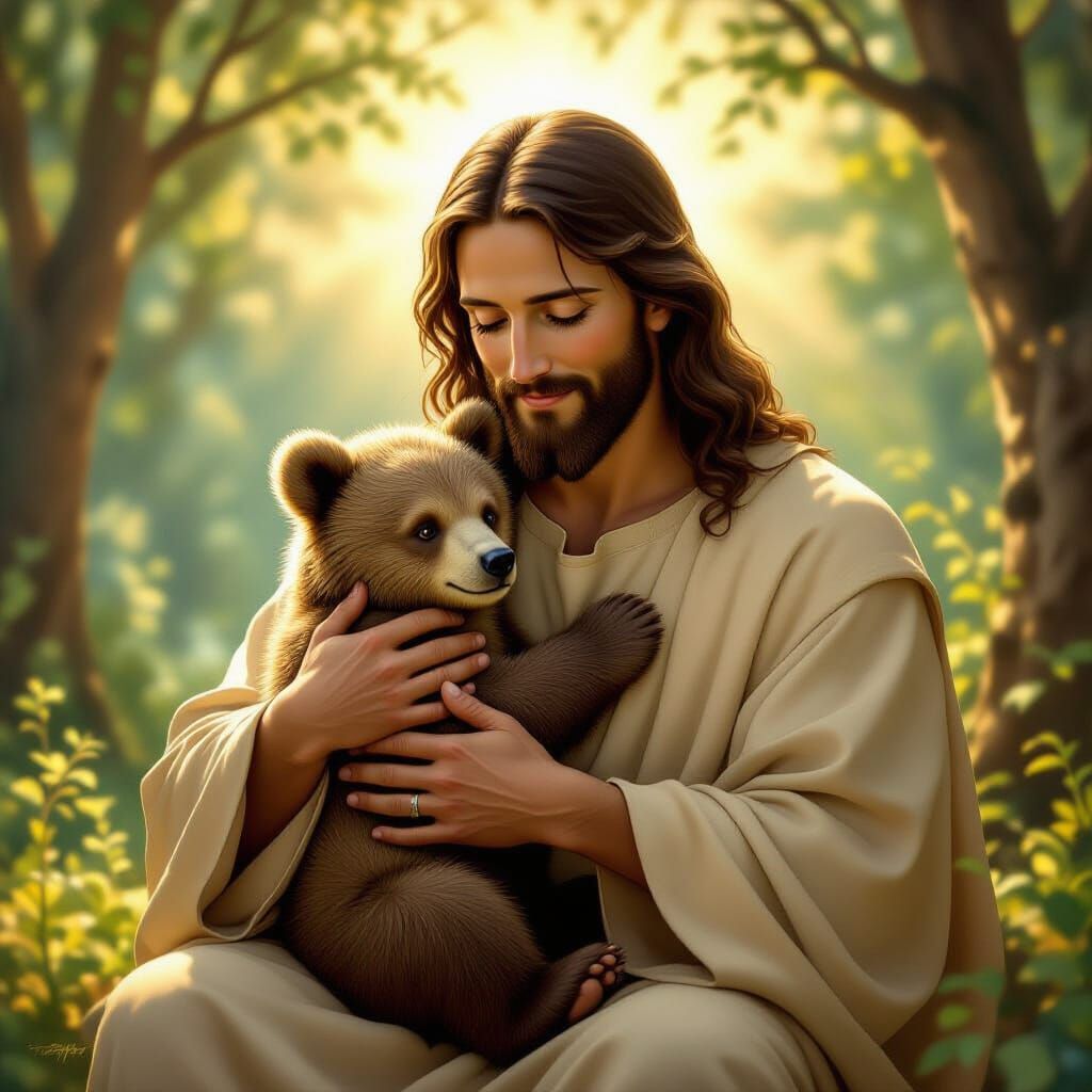 Jesus Christ Cradles Bear Cub in Serene Forest