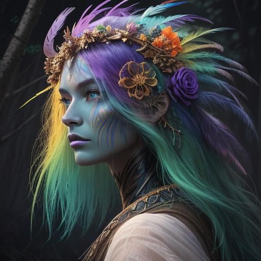 Rainbow Woman with Peacock Hair in Misty Forest