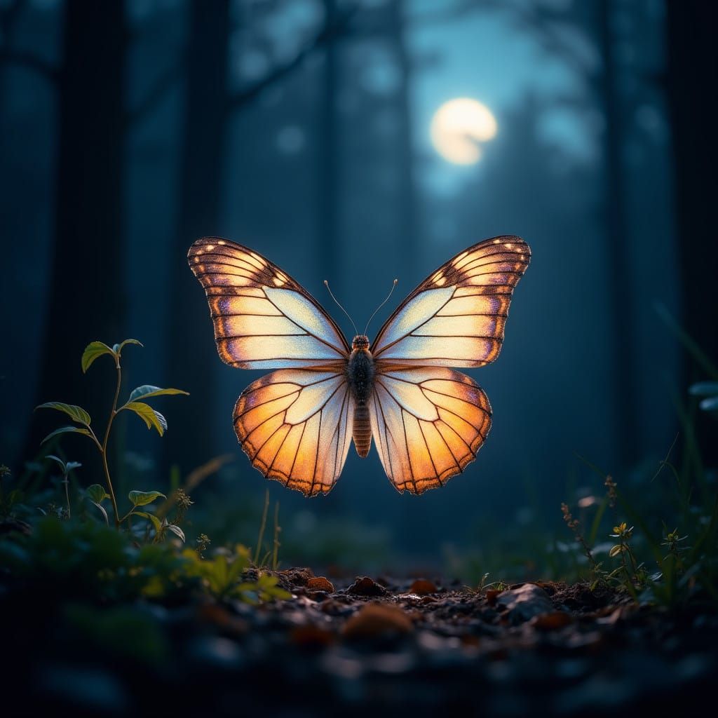 A Butterfly Illuminated by Moonlight in a Dark Forest