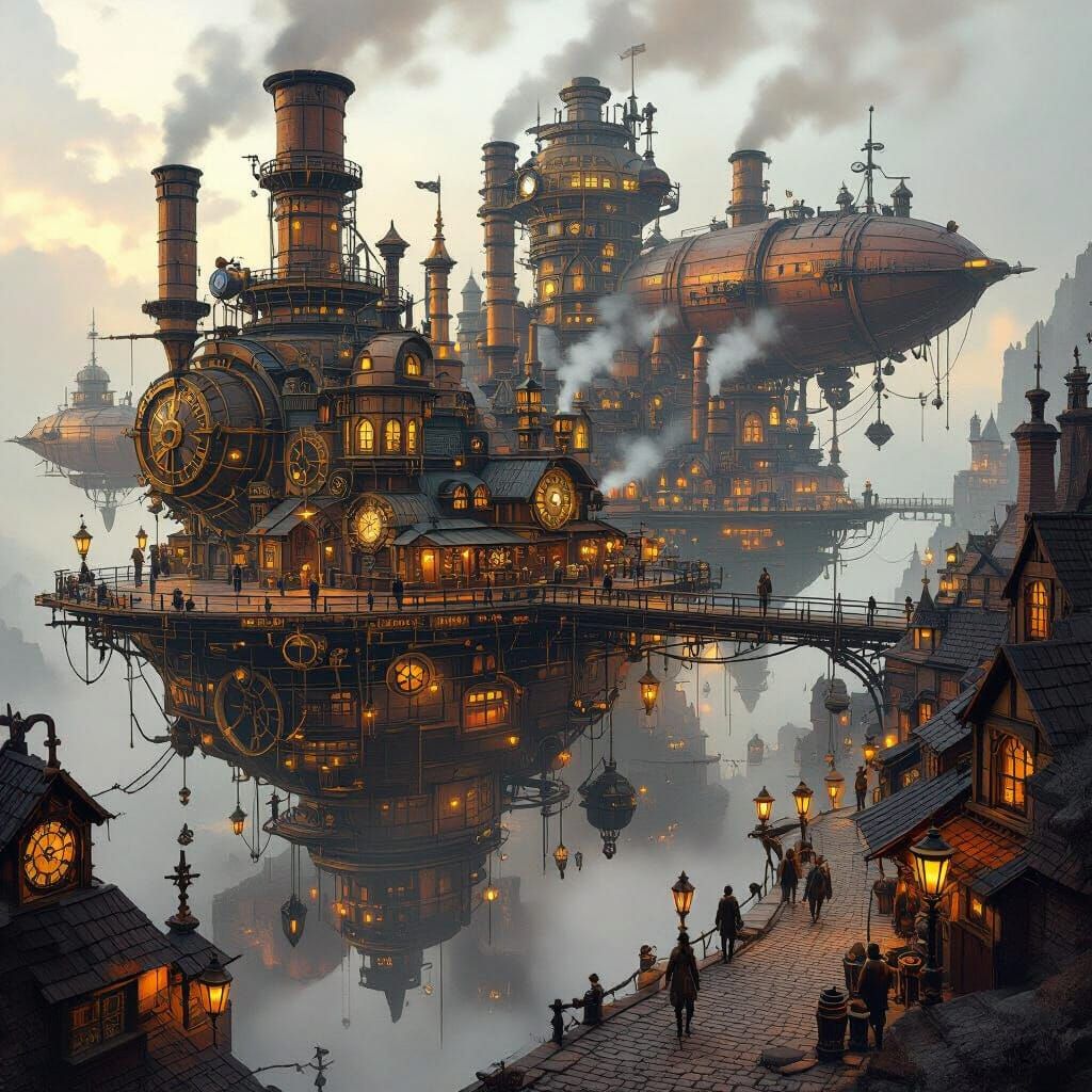 Steampunk Pirate City with Clockwork Mechanisms and Airships