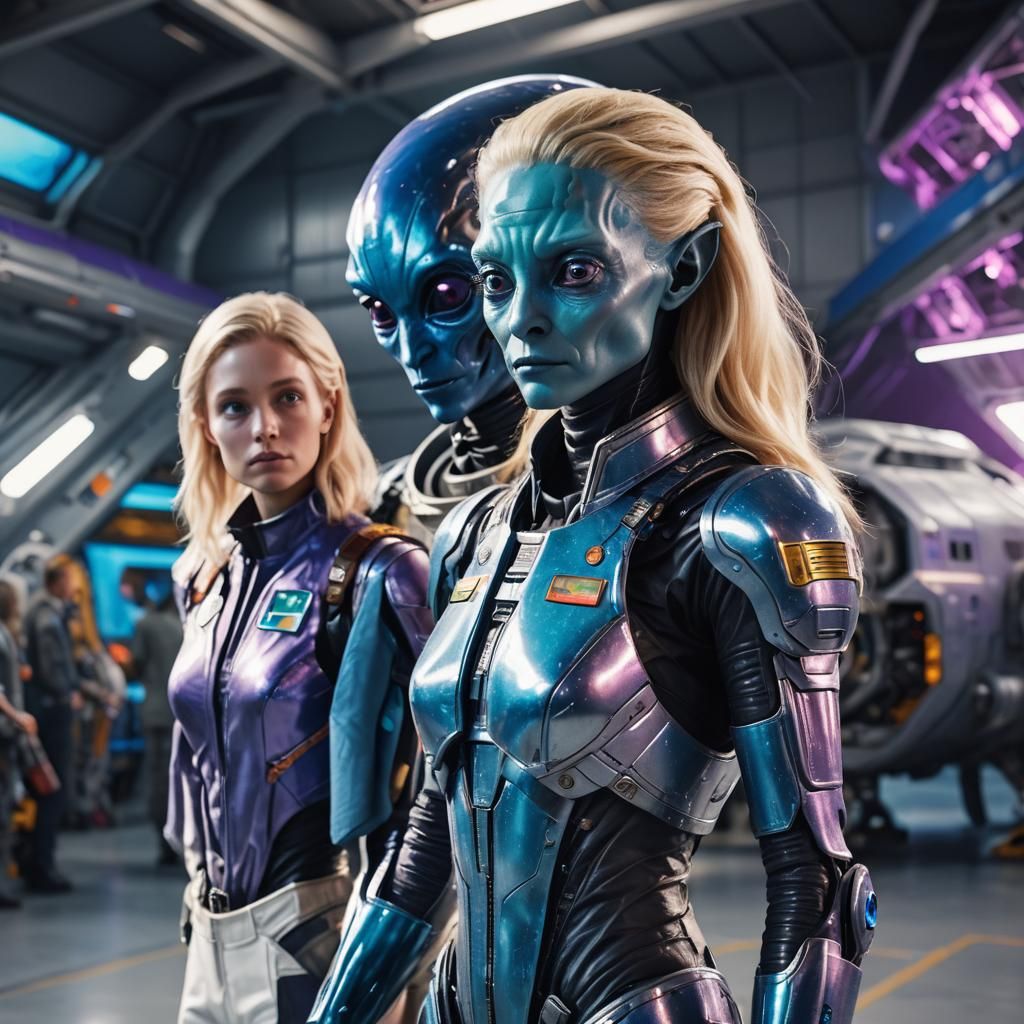 Alien and Astronaut in Hangar: Hyperrealistic Concept Art