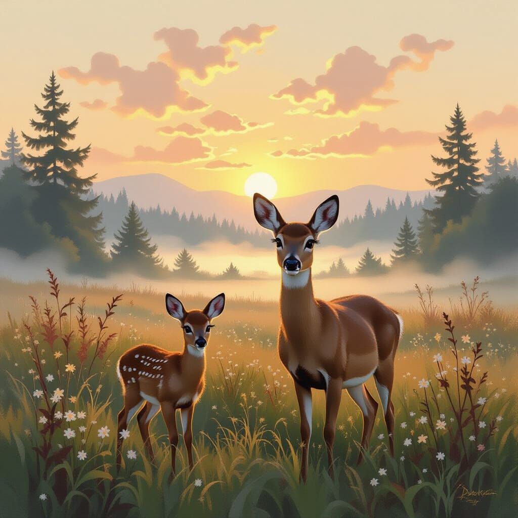 Gentle Deer in Misty Sunrise Meadow, Impressionist Impasto S...